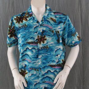 Vintage Hawaiian Aloha Shirt - Ocean Pattern with Neon Palm Trees - Men's Large